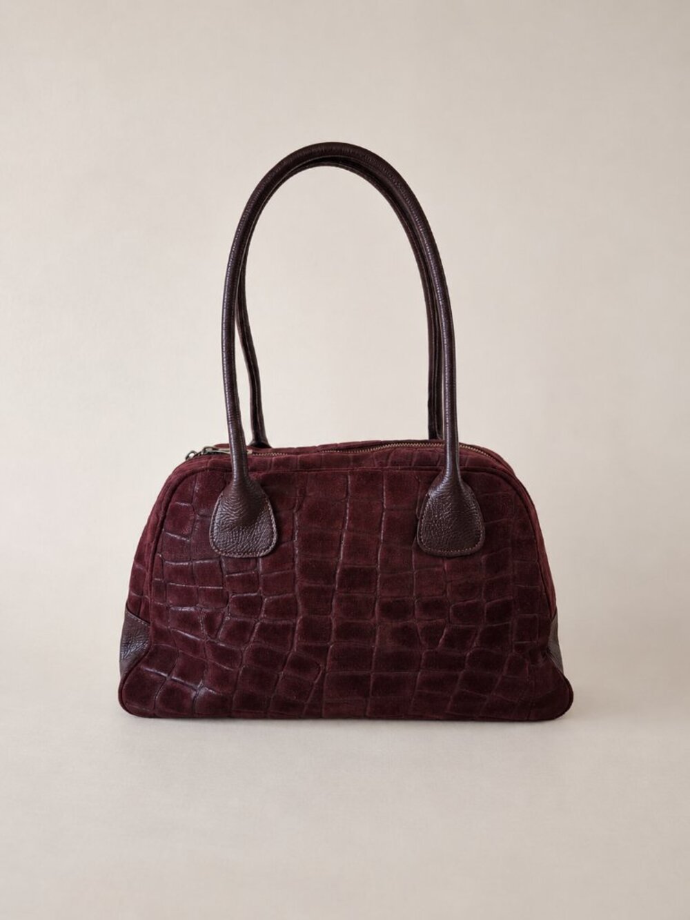 Burgundy Italian Leather & Croc-Embossed Suede Shoulder Bag – Large Dome Handbag - Picture 7 of 15